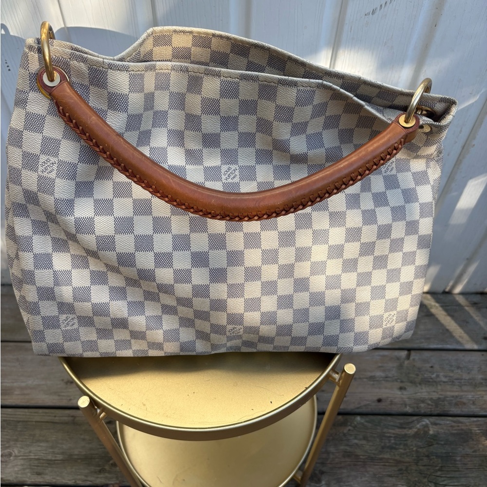 Louis Vuitton Gray Checkered Hobo Bag with Brown Handle